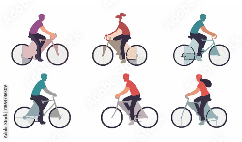 Dynamic cartoon people cycling on sportive and recreation bikes vector action set isolated on white background