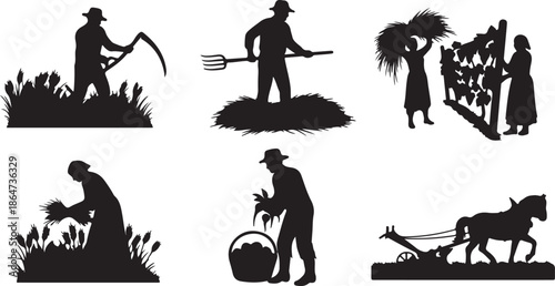 Silhouetted farmer and horse pulling plow representing old fashioned agriculture