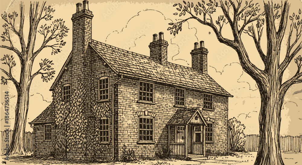 Obraz premium Vintage ink drawing of a charming brick cottage nestled among large trees