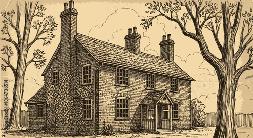 Vintage ink drawing of a charming brick cottage nestled among large trees