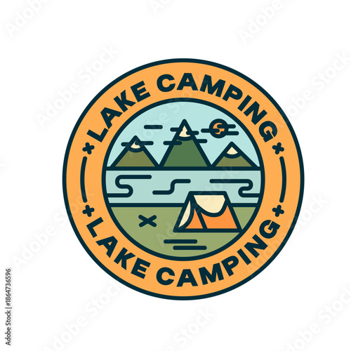 Minimalist camping logo badge with tent and lake for outdoor branding