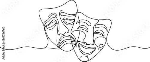 Continuous line art of comedy and tragedy theater masks representing duality