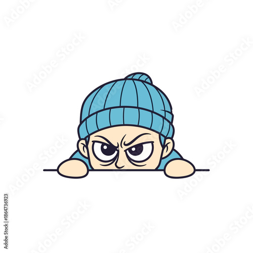 Cartoon Character Wearing Blue Beanie Hat.
