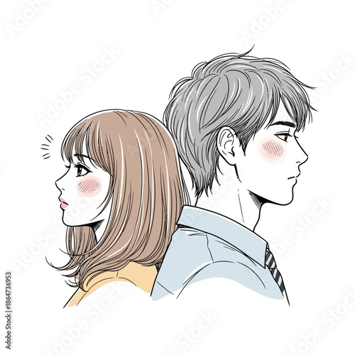 Illustration of a man and woman facing opposite directions.