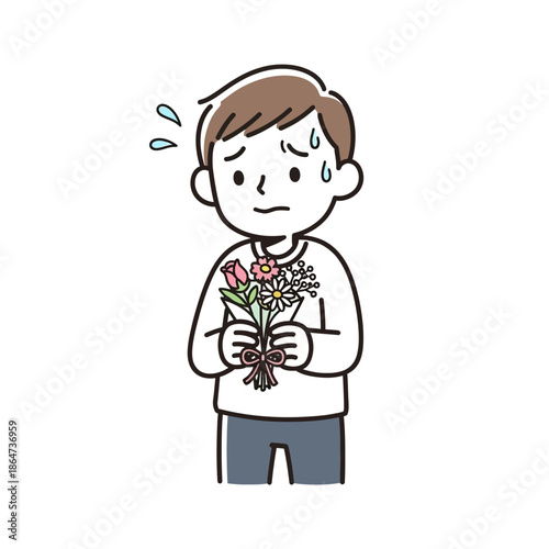 Man Holding Flowers with Sad Expression.