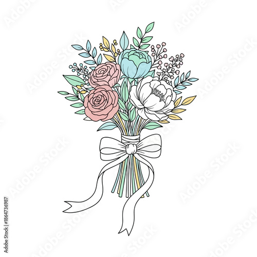 Colorful Hand Drawn Floral Bouquet with Ribbon.