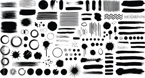 A collection of various black ink brushstrokes and shapes on a white background