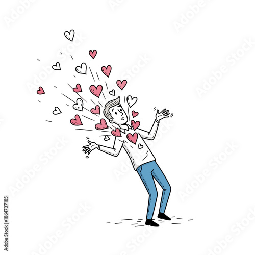 Man Overwhelmed by Hearts and Love.