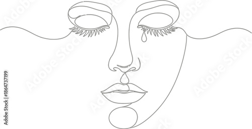 Minimalist single line drawing depicting the delicate and expressive face of a woman shedding a single tear illustrating profound emotion.