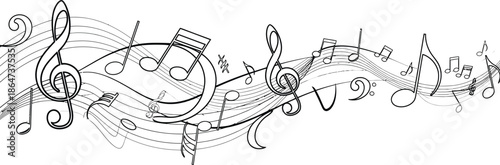 Black and white musical notes flowing across wavy staff lines border design