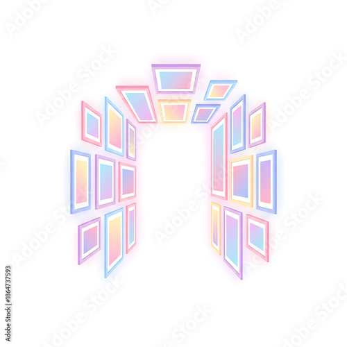 An archway of pastel-hued frames stands out against a plain white Page Background in a minimalist digital illustration.