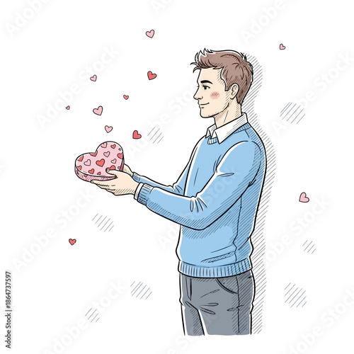 Man Holding Heart Shaped Gift Box.