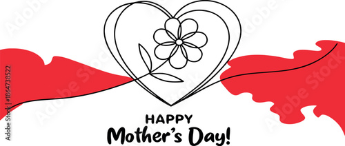 Happy Mother's Day! Graphic illustration of a continuous line heart and flower, with red abstract brushstrokes, symbolizing maternal love and celebration