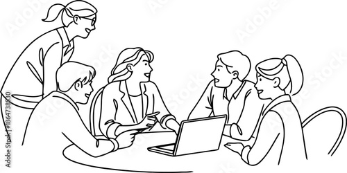 Outline drawing of business colleagues engaged in a lively discussion and brainstorming session during a corporate team meeting
