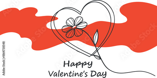 Minimalist Line Art Illustration of a Heart with a Delicate Flower Inside, Set Against a Vibrant Red and White Background, Wishing 'Happy Valentine's Day' for a Romantic Celebration