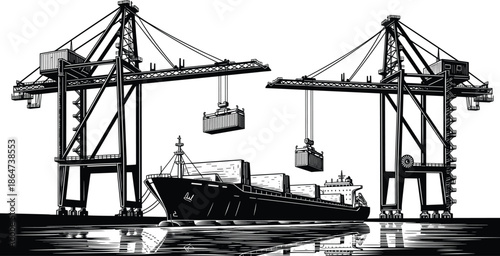 Cargo Ship at Industrial Port with Container Cranes Harbor Scene Line Art Vector