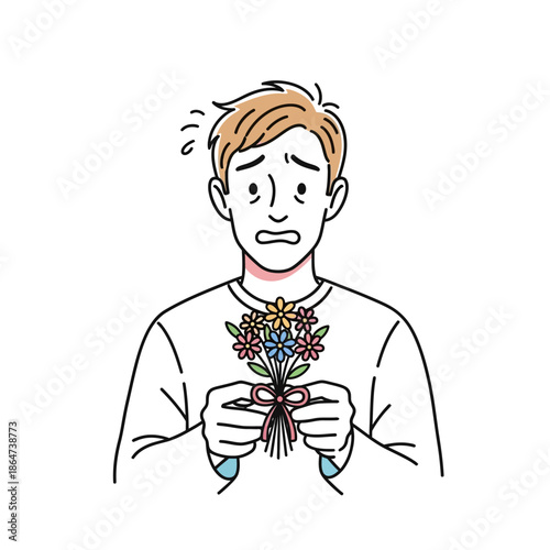 Man Holding Bouquet of Flowers in Hands.