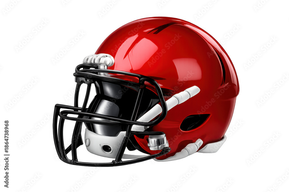 Fototapeta premium Red american football helmet with dark face mask for athlete protection, symbolizing competitive sports and championship success on transparent background