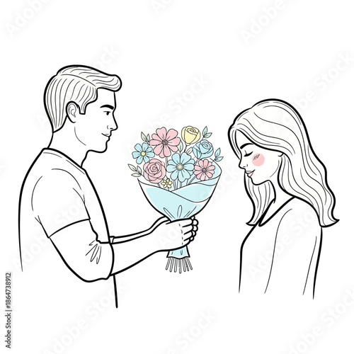 Man Giving Woman Flowers Romantic Gesture.