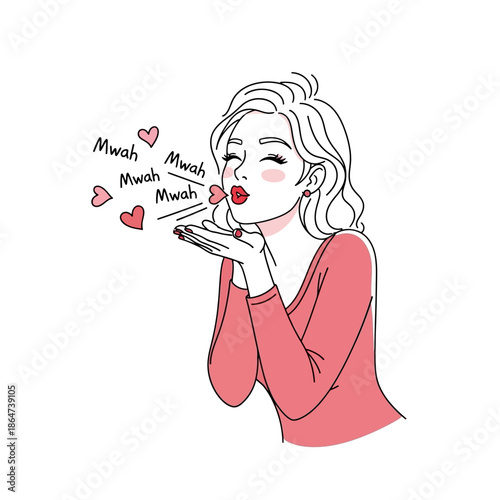 Woman Blowing Kiss with Hearts and Love.