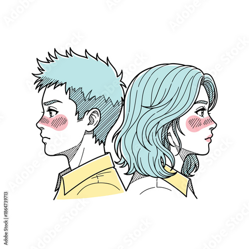 Illustration of a man and woman blushing.