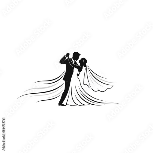 Bride and Groom Dancing Silhouette Illustration.