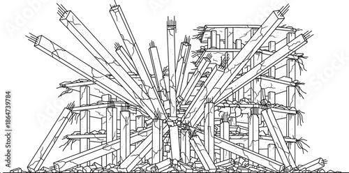 Exploding Building Structure Line Art Illustration Showing Demolition Damage Construction Vector