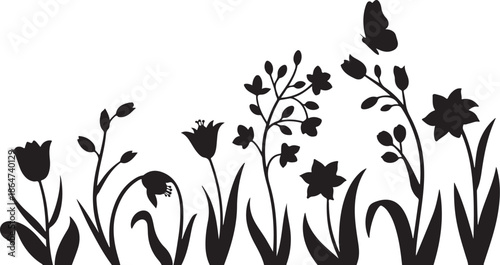 Black and white floral garden with butterflies flowers