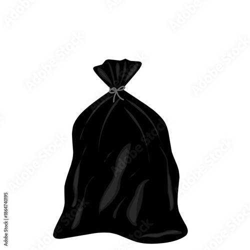 Illustration of a black plastic trash bag. Trash bag vector. Trash can illustration. Illustration of a plastic trash bag tied with a rope. Flat design of a plastic trash bag