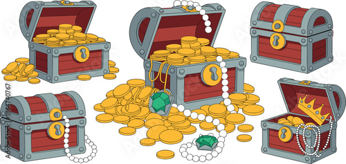 Treasure Chest Illustration Set, Featuring Gold Coins, Green Gemstones, and Elegant Pearl Jewelry Accents