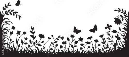 Black and white silhouette of flowers and butterflies in a garden