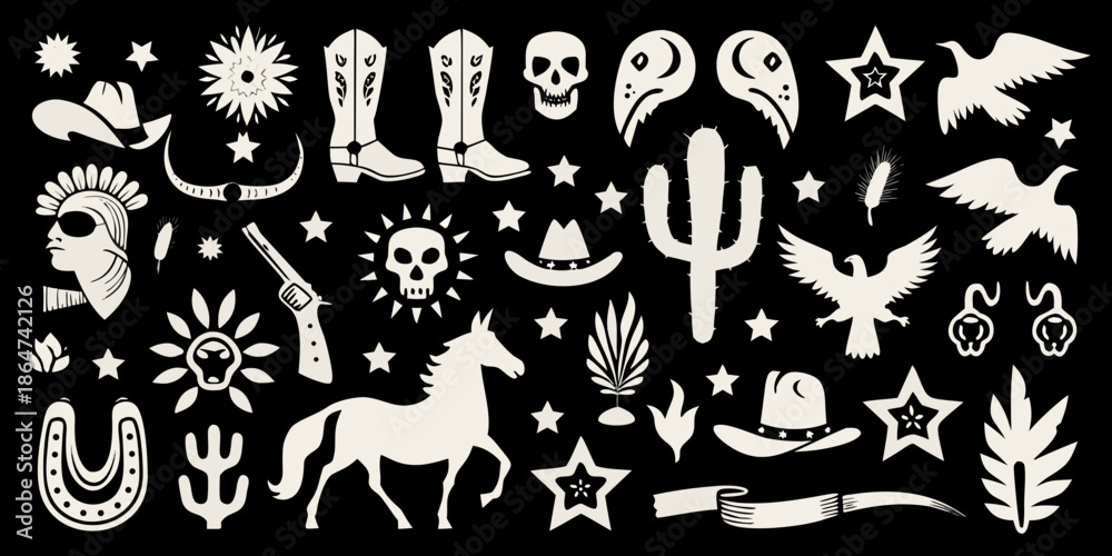 Obraz premium A collection of western themed illustrations cowboy boots skulls and desert elements