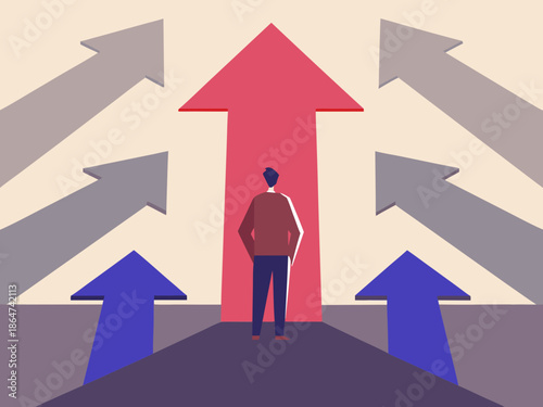 A lone figure stands before diverging paths one highlighted in red