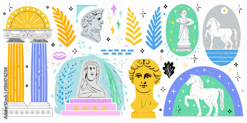 Classical art and greek mythology elements in a colorful illustrative style