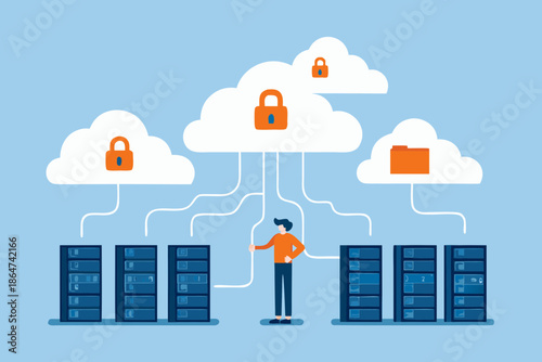 Secure cloud computing with data protection and server infrastructure illustrated