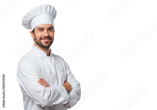 Confident caucasian chef in white jacket, toque, trimmed beard, arms crossed, friendly, looking at camera on white background, copy space. Culinary branding