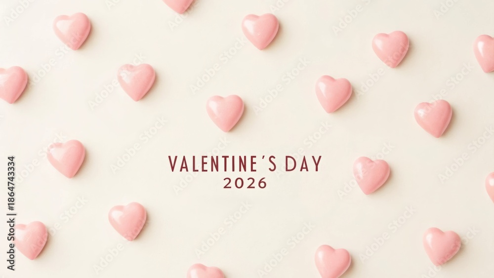 Obraz premium Valentine’s Day 2026 Valentine's Day themed image featuring pink heart shapes on a beige background with date text.