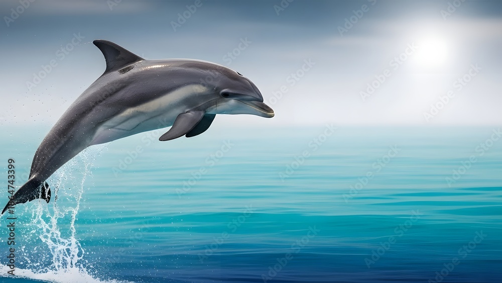 Fototapeta premium Dolphin jumping out of the ocean with sunlight shining through