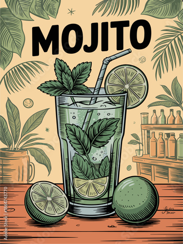 Vintage-style poster of a Mojito in a tall glass with mint and lime, set against a tropical bar background with warm hand-drawn line art.