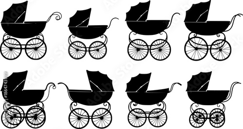 Six vintage baby stroller silhouettes collection.
