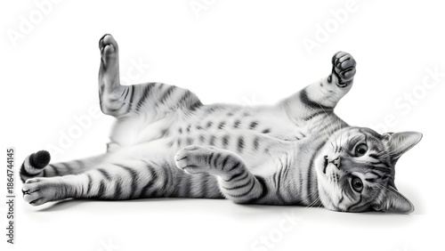 Playful tabby cat lying on its back with paws raised