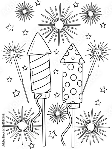Fireworks and Sparklers Coloring Book Page Vector Illustration for Festive Fun