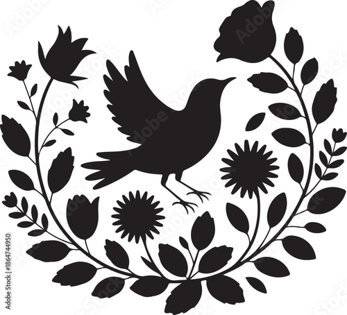 Black silhouette of bird surrounded by floral pattern