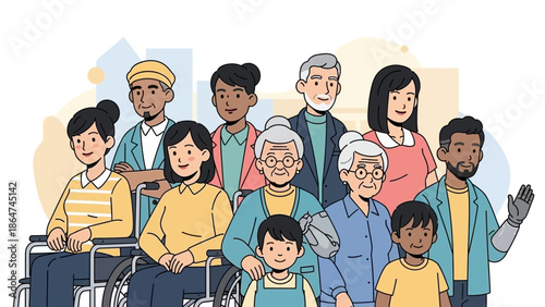 Empowering illustration of a vibrant, diverse community, embracing people of all ages, races, and abilities in a modern setting