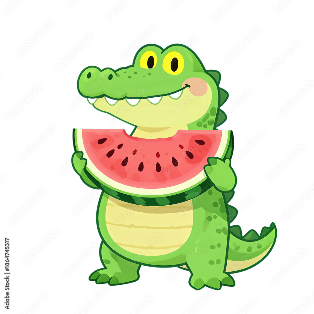 Fototapeta premium Cute green crocodile holding a watermelon slice