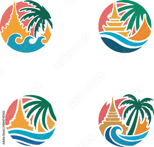 Colorful circular with palm trees and pagodas on blue waves