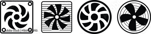 Computer cooling fan icon set with PC cooler and industrial ventilation vector symbols 
