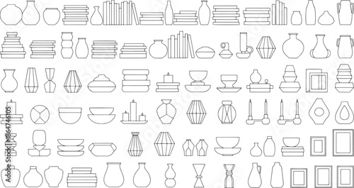 An assortment of artistic vases, sculptures, and decor elements, outlined in minimalist style, presents an array of decorative options.