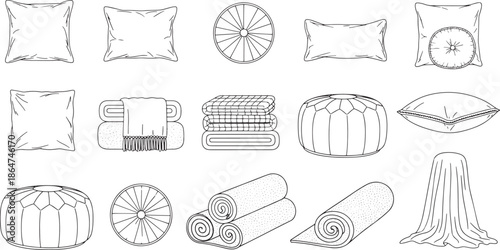 An assortment of cozy pillows and neatly folded blankets, rendered in a simple monochrome line art, evoke a sense of home comfort and relaxation.