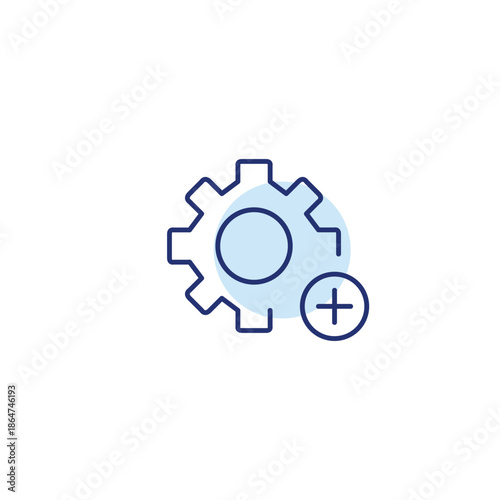 Cogwheel and plus. Setting add, feature enable, system update. Pixel perfect, editable stroke vector icon